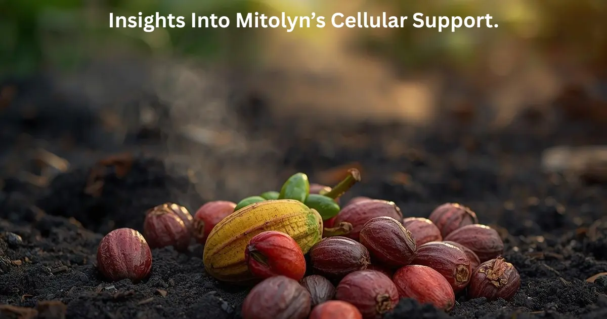 "Close-up of organic ingredients in a lush volcanic setting, illustrating the connection between raw nature and cellular energy optimization