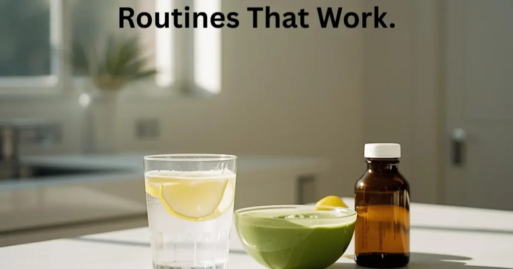 A bright morning kitchen setting with a smoothie bowl, lemon water, and a supplement bottle on a marble counter, representing a daily routine for metabolic support and cellular energy