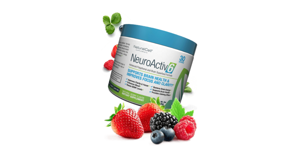 NeuroActiv6 Brain, Focus & Clarity supplement container with fresh strawberries and bluberries