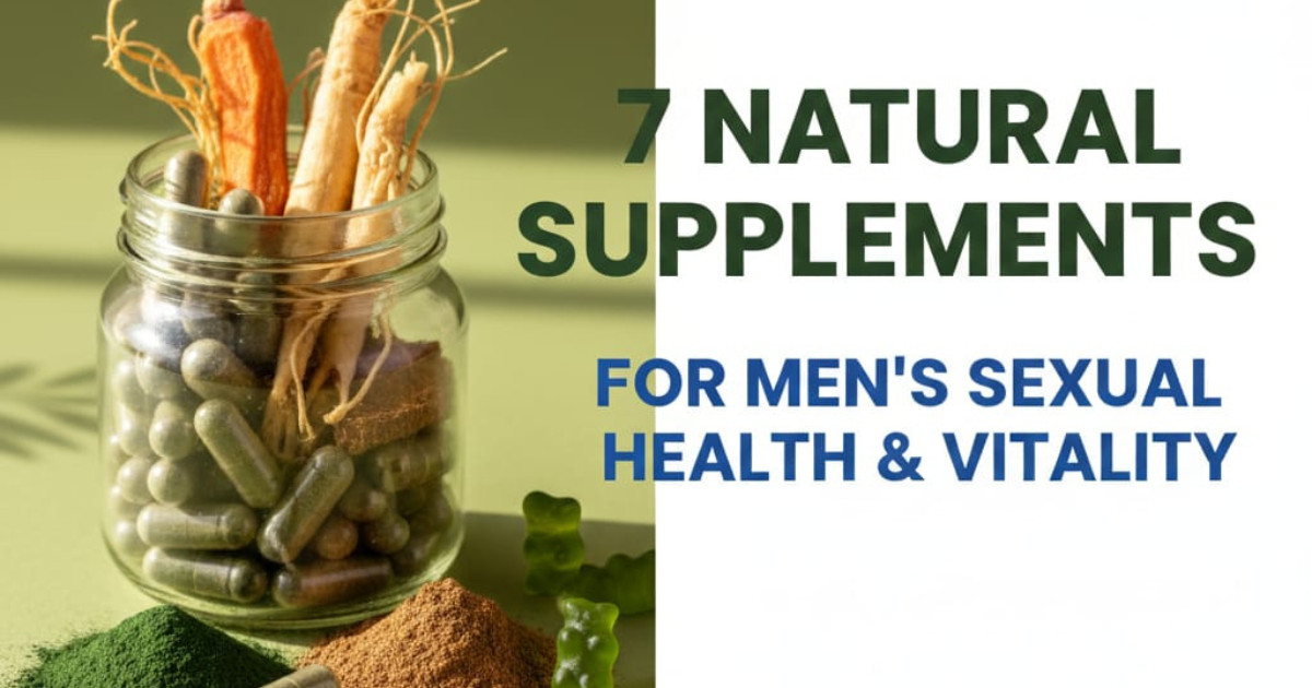 Natural men's health supplements including herbal capsules, ginseng roots, and green wellness powder on a light green background with text 7 Natural Supplements for Men’s Sexual Health