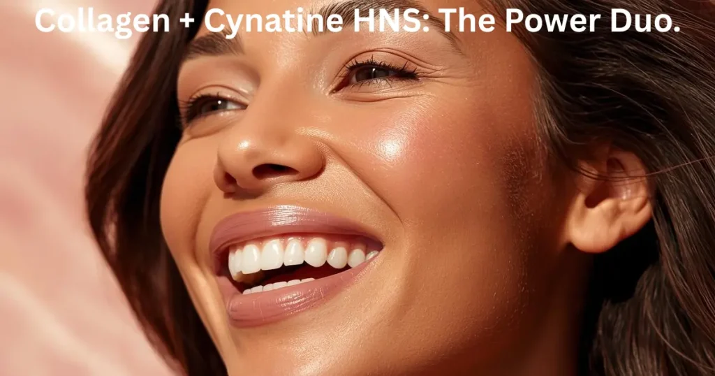Healthy glowing woman in her 40s showing results of collagen and Cynatine HNS supplementation for skin elasticity and hair shine