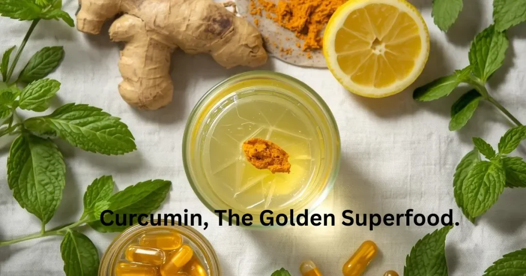 Top view of a healthy curcumin tonic with fresh turmeric root, sliced lemon, mint leaves, and turmeric capsules on a white background.