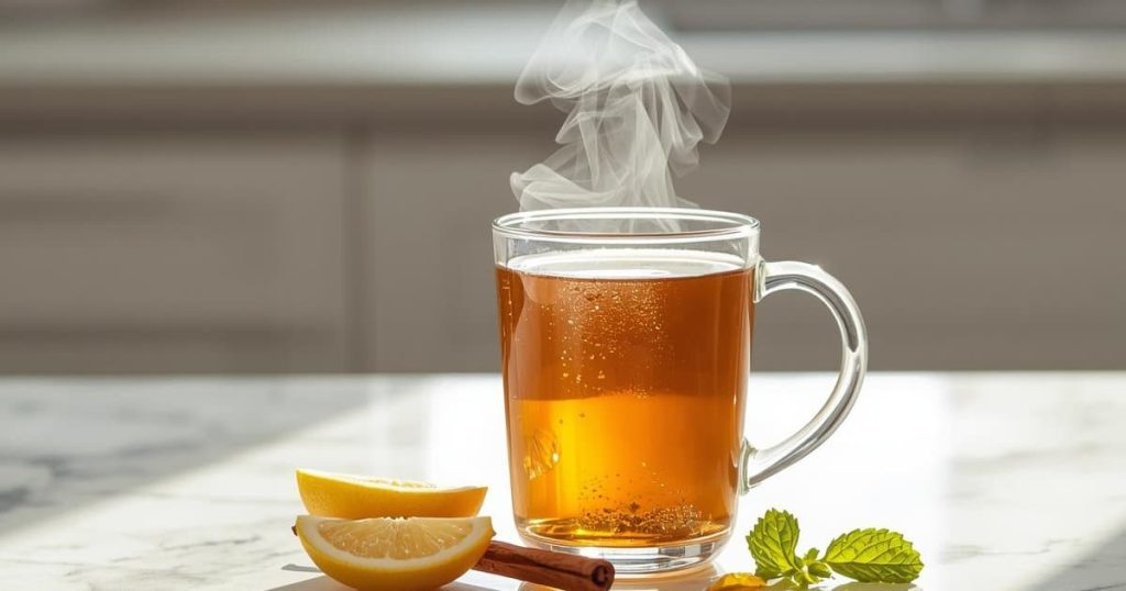 A calming morning wellness routine featuring a glass of hot detox tea, fresh ingredients, and natural morning light for a healthy lifestyle.