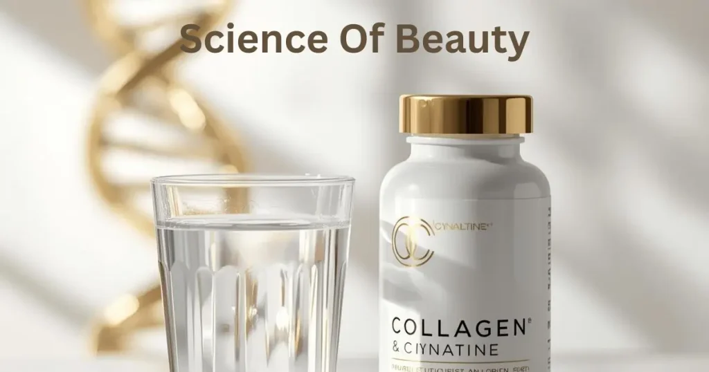 Premium supplement bottle and a glass of water on a white surface with a glowing DNA helix background, representing the science of collagen and Cynatine HNS.