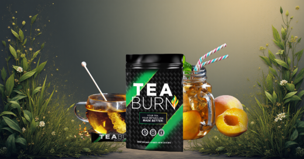 Tea Burn product packaging displayed with a refreshing glass of tea, peaches and green natural background.