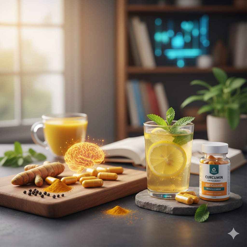 A glass of turmeric tea with lemon and mint next to a bottle of curcumin capsules, representing the powerful natural benefits of curcumin for health.